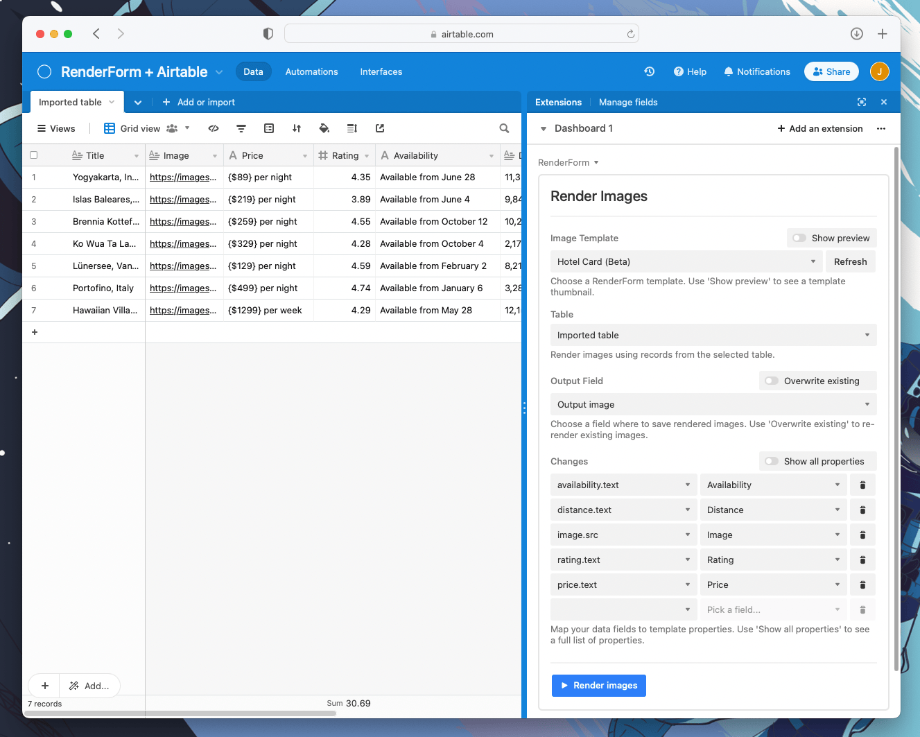 Configured RenderForm extension for Airtable