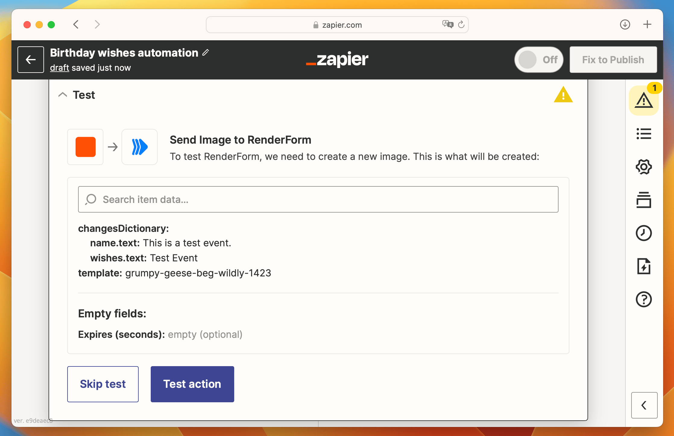 Testing RenderForm action in Zapier