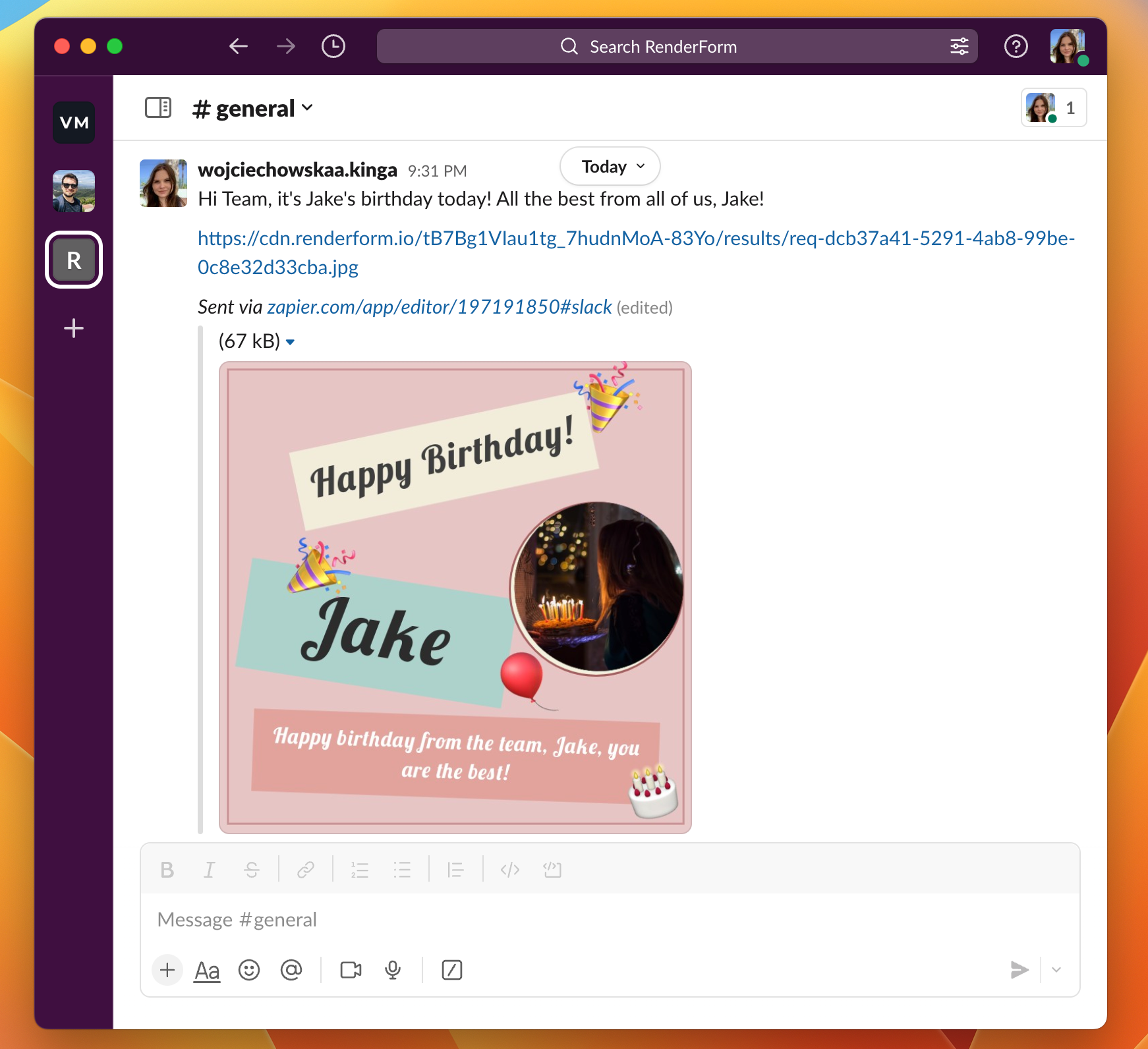 Test result for birthday card automation in Slack