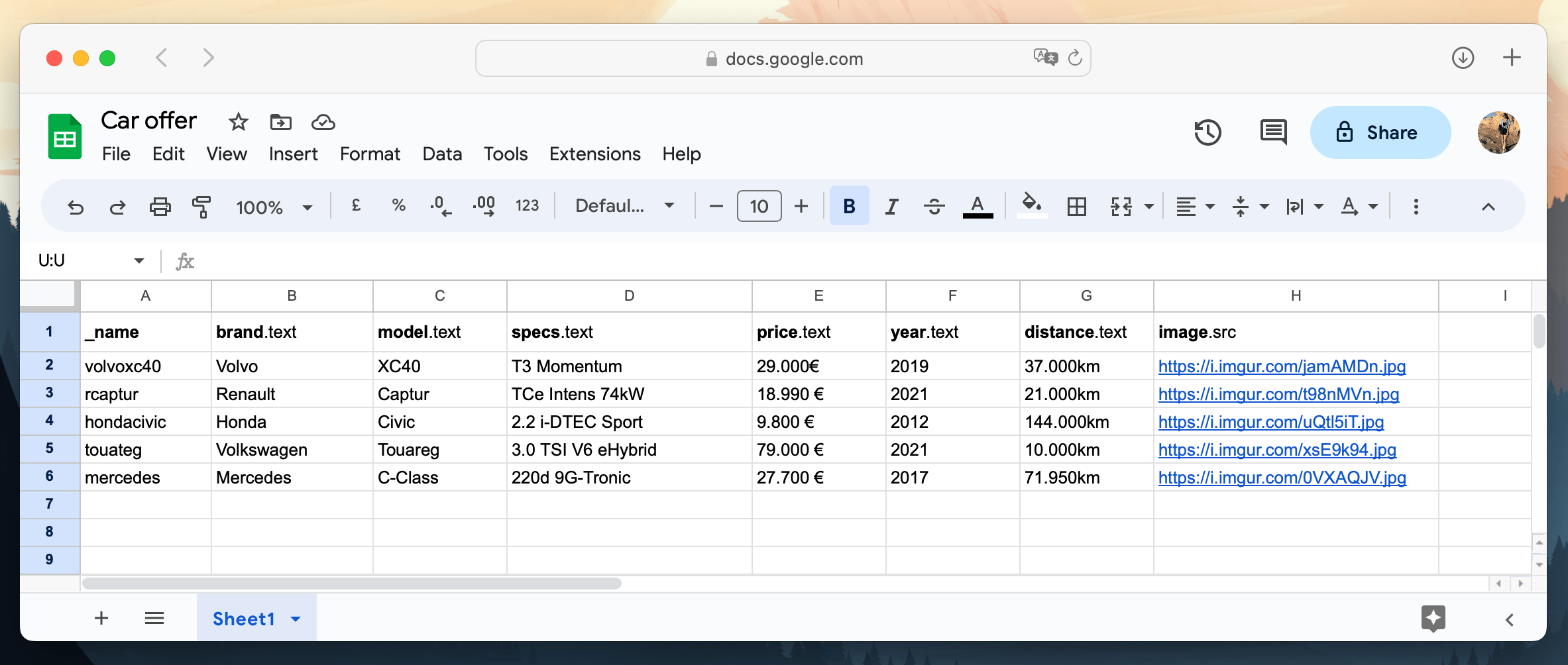 Car offer data in spreadsheet