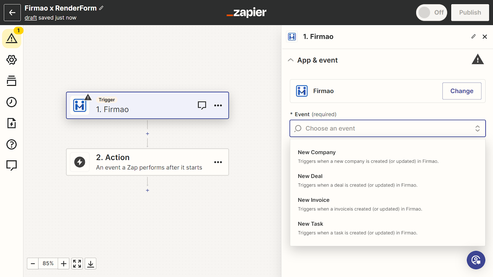 RenderForm and Firmao integration via Zapier