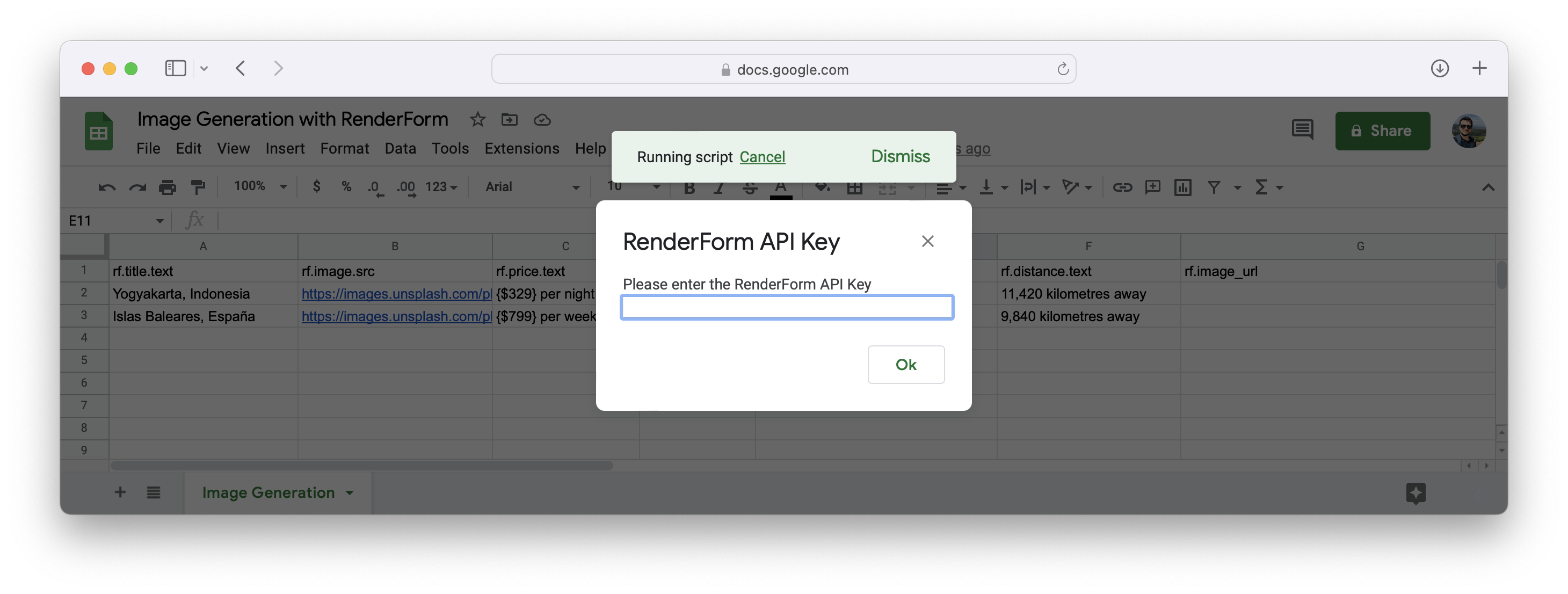 Start image generation in Google Sheets