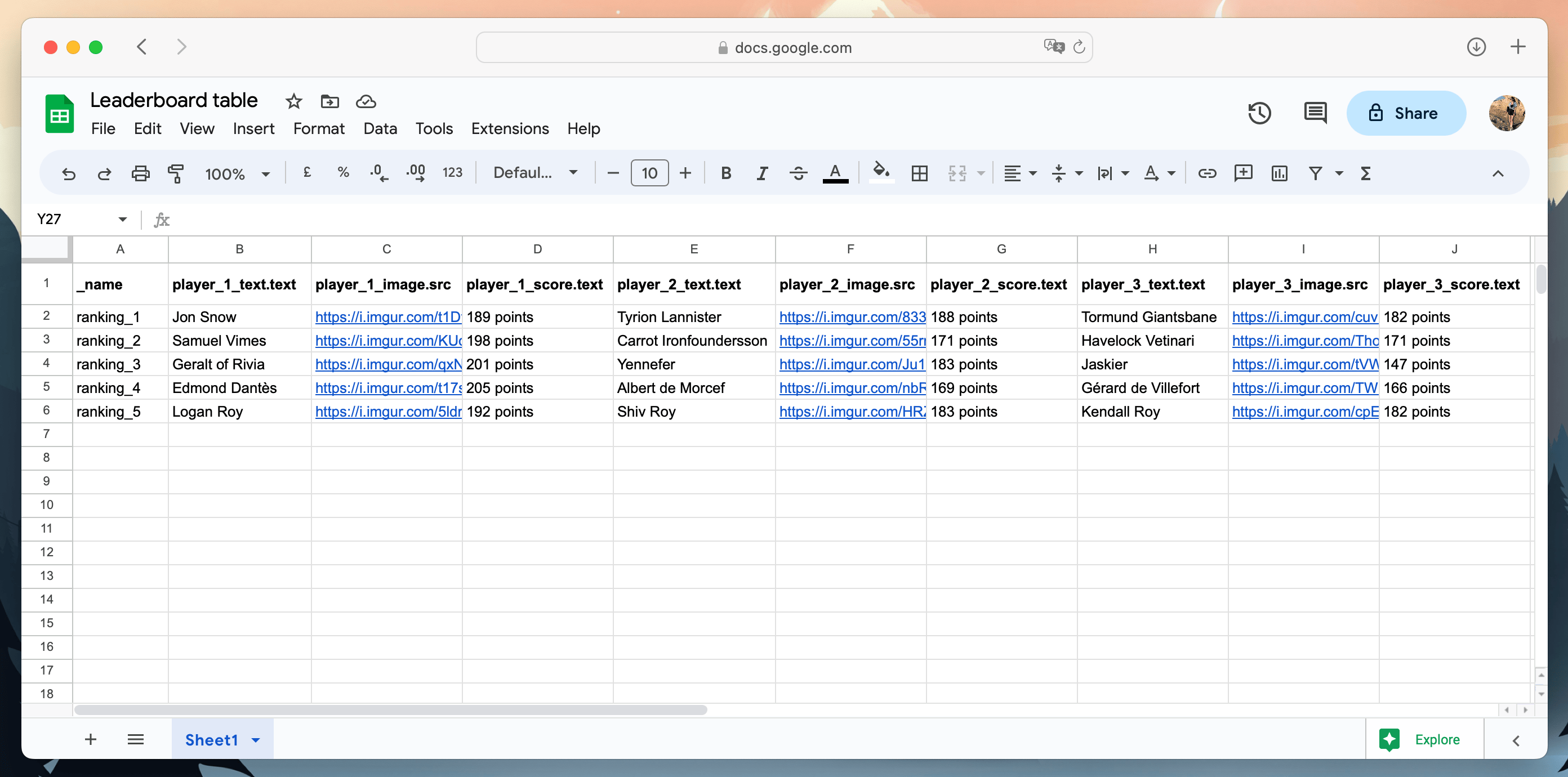 Spreadsheet with data