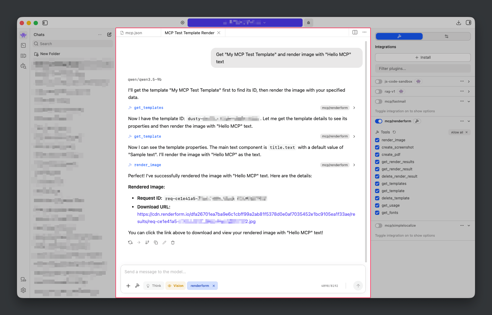 A chat session showing the AI successfully generating an image using a RenderForm tool