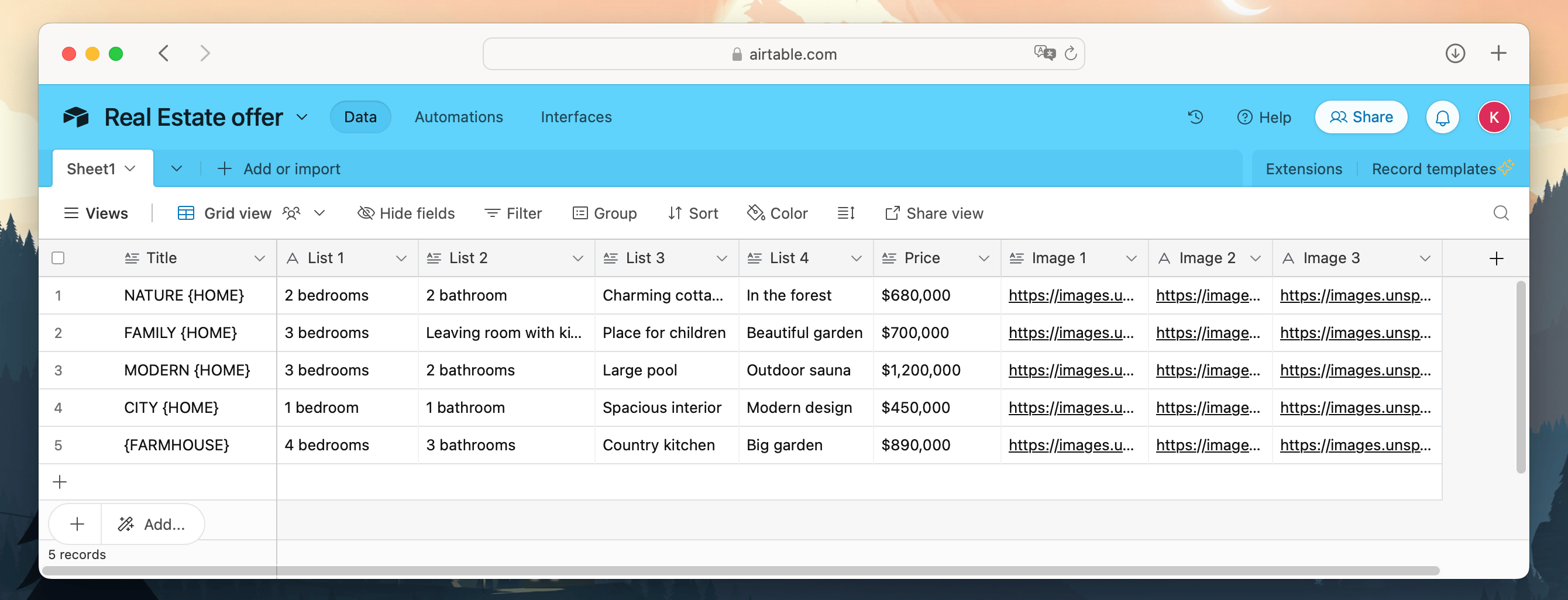 Airtable database with real estate offers