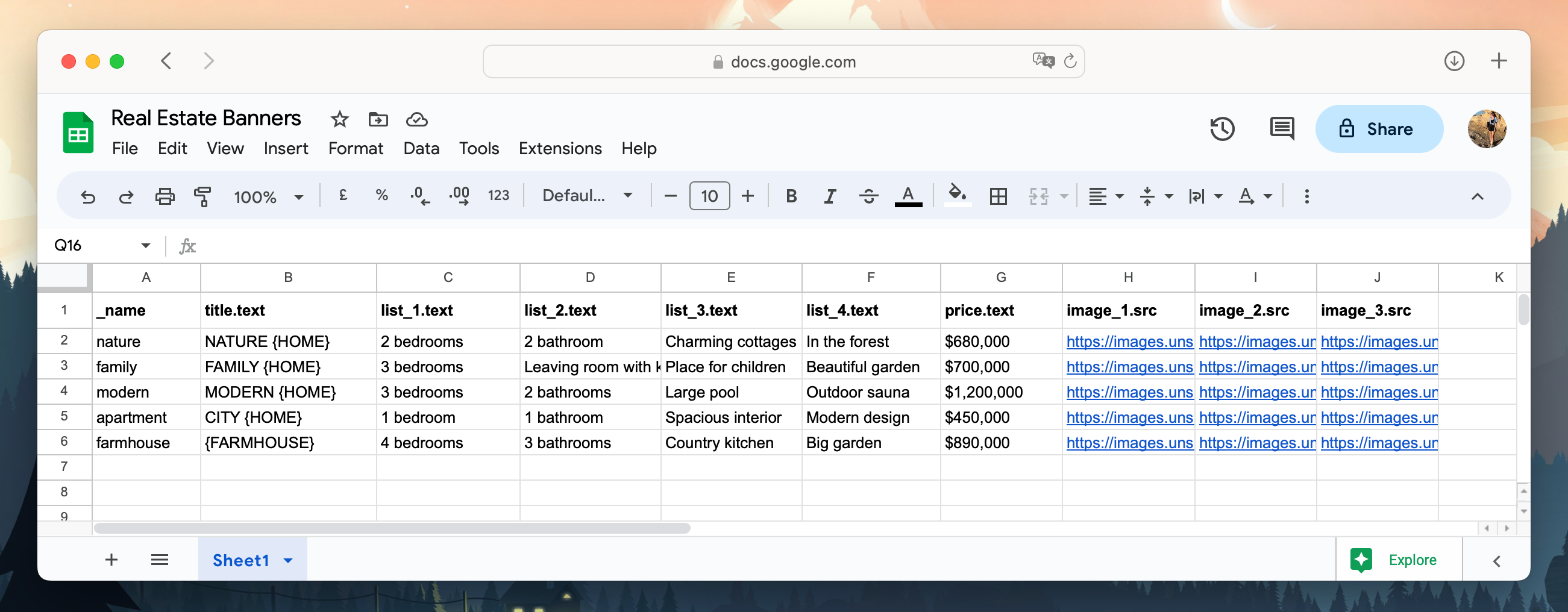 Real estate offer data in spreadsheet