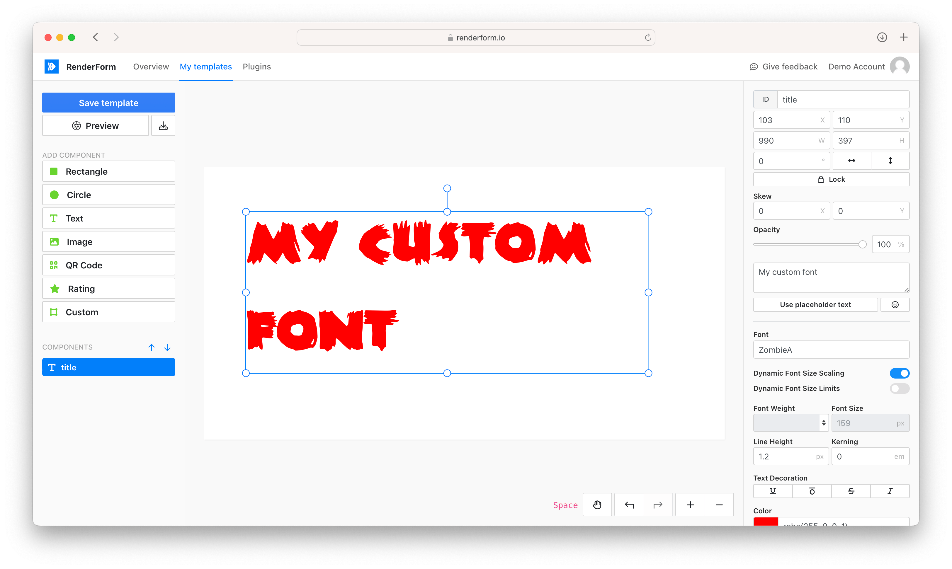 Example usage of custom font in image template editor